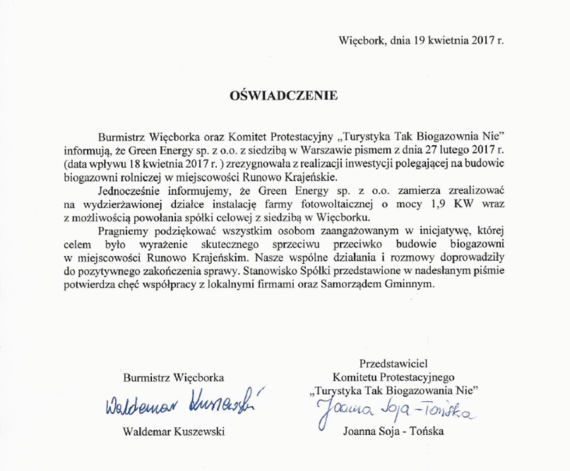 Oświadczenie Burmistrza Więcborka i Komitetu Protestacyjnego Turystyka Tak Biogazownia Nie