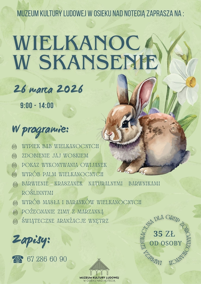 Muzeum Kultury Ludowej w Osieku nad Notecią zachęca do udziału w wydarzeniu edukacyjnym „Wielkanoc w skansenie”. W programie m.in.: wypiek bab wielkanocnych zdobienie jaj woskiem pokaz wykonywania owijanek przygotowanie palm wielkanocnych barwienie kraszanek naturalnymi barwnikami roślinnymi wyrób masła i baranków wielkanocnych pożegnanie zimy z Marzanną świąteczne aranżacje wnętrz