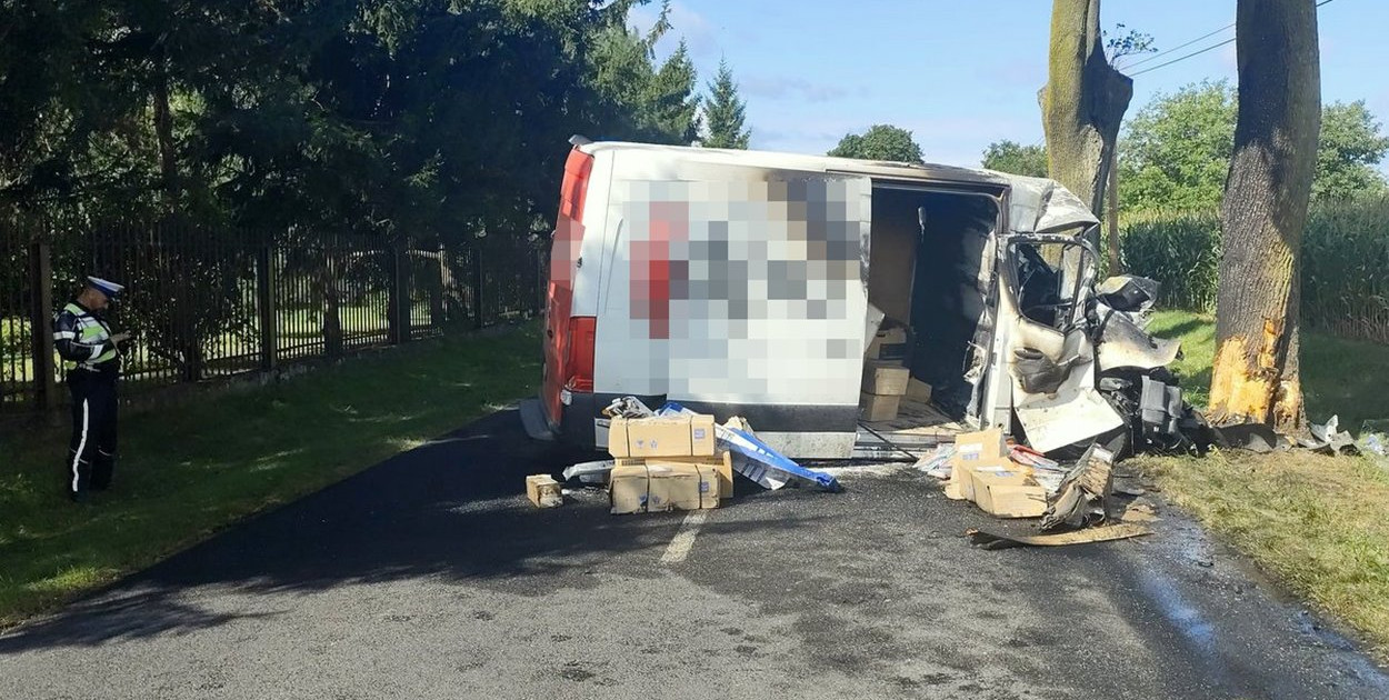 Kujawsko-pomorskie: Policjanci zastali na miejscu dostawczego mercedesa stojącego w płomieniach w poprzek drogi - fot. KPP Żnin
