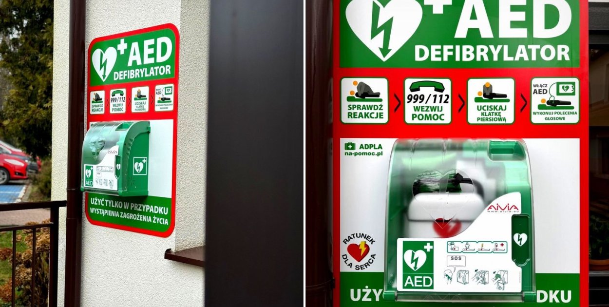 Ogólnodostępny defibrylator na ścianie UMG Łobżenica - fot. Gmina Łobżenica