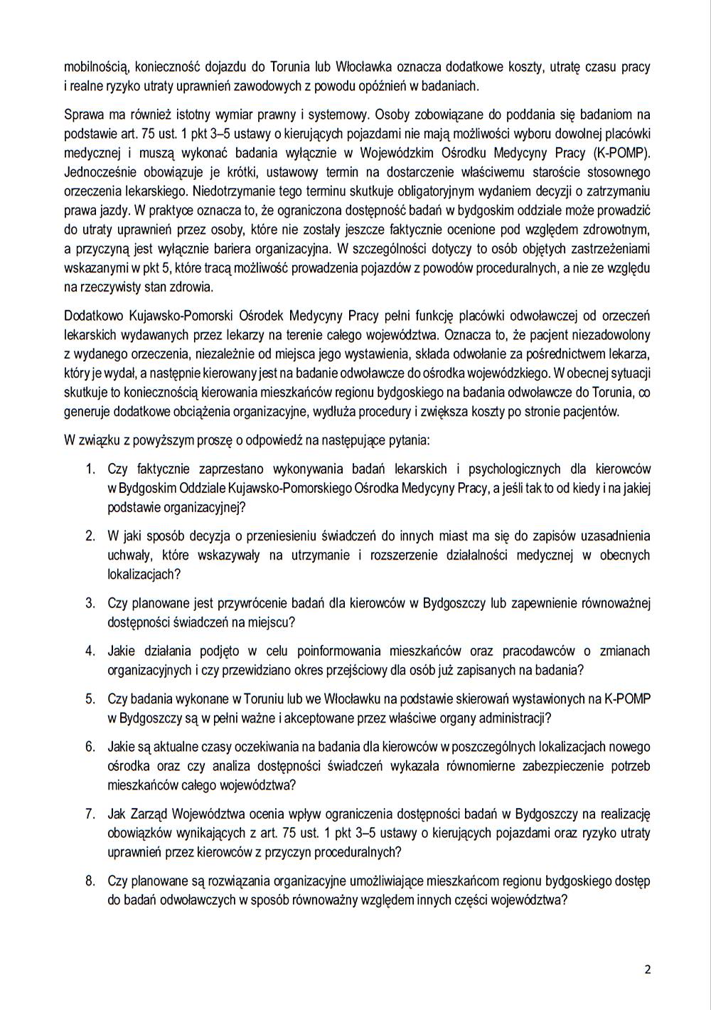 Problemy mieszkańców Bydgoszczy i regionu bydgoskiego z dostępem do badań lekarskich dla kierowców w Bydgoskim Oddziale KPOMP - interpelacja-Kempinski