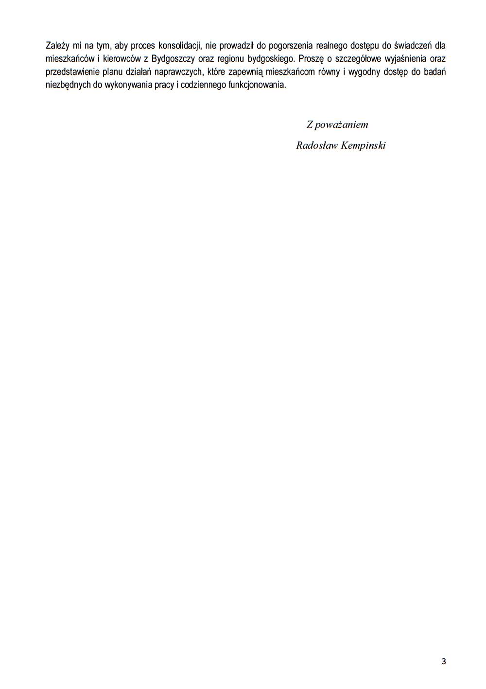 Problemy mieszkańców Bydgoszczy i regionu bydgoskiego z dostępem do badań lekarskich dla kierowców w Bydgoskim Oddziale KPOMP - interpelacja-Kempinski