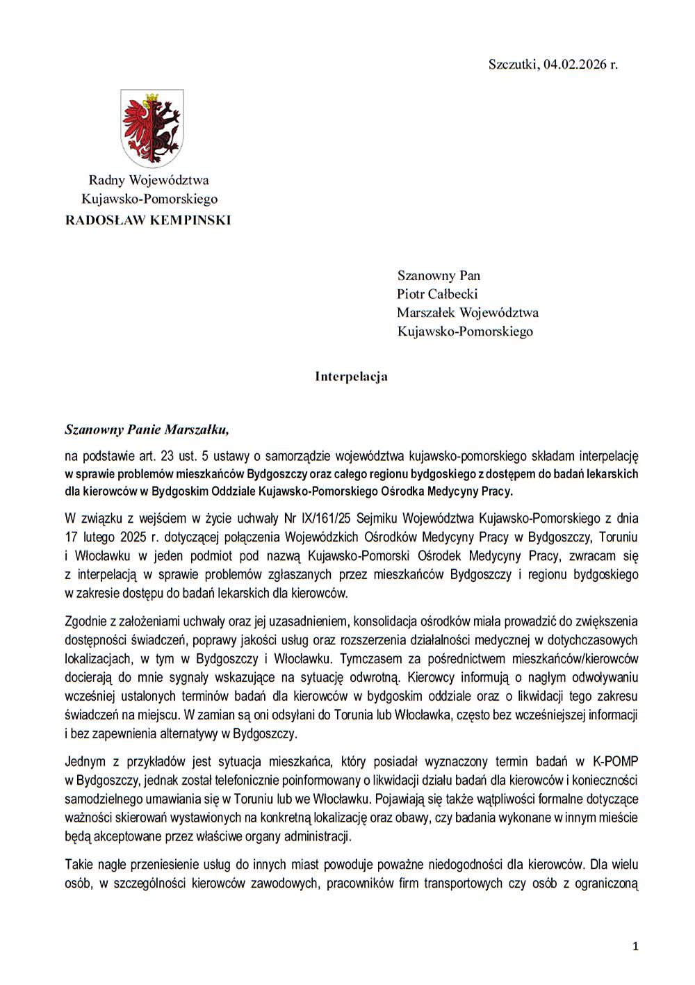 Problemy mieszkańców Bydgoszczy i regionu bydgoskiego z dostępem do badań lekarskich dla kierowców w Bydgoskim Oddziale KPOMP - interpelacja-Kempinski