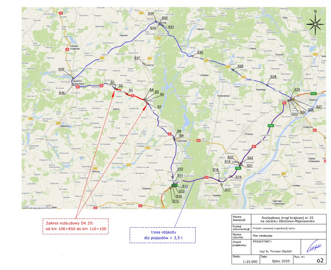 Uwaga! Tymczasowa organizacja ruchu na DK-25 na odcinku Obodowo – Mąkowarsko